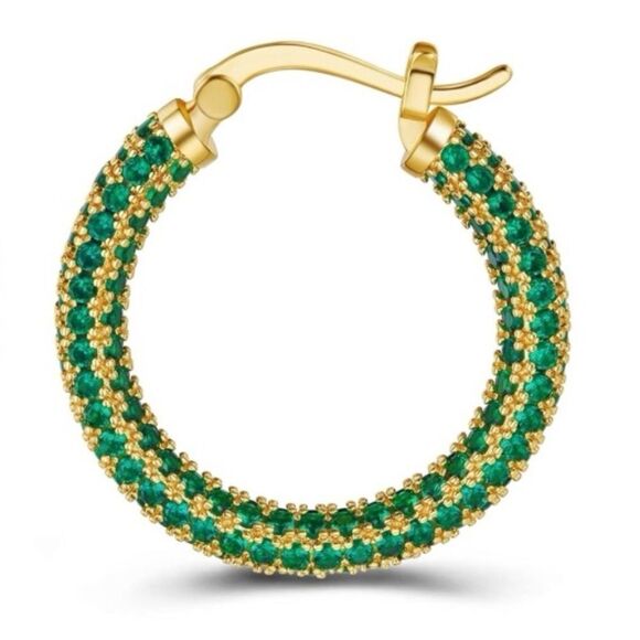 14K Yellow Gold Sterling Silver with Emerald Green Cubic Zirconia Hoop Earrings - Picture 3 of 7